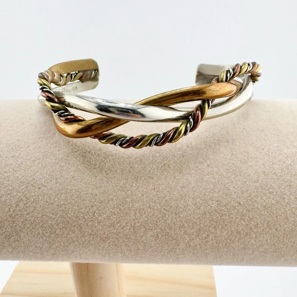 Signed Renee Lepre 925 Copper Brass Cuff Vintage Bracelet Mixed Metal Artisan